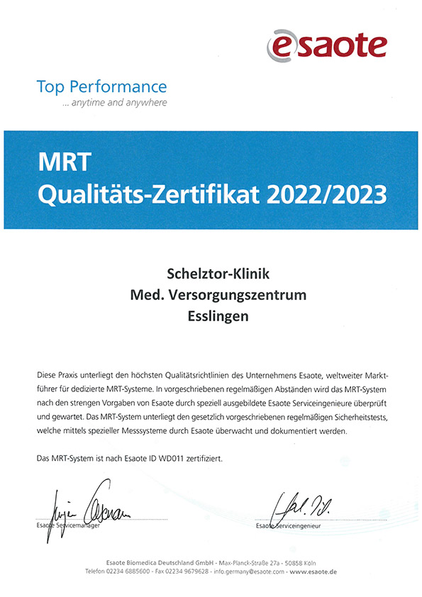 Esaote Qualitätszertifikat MRT 2022 2023